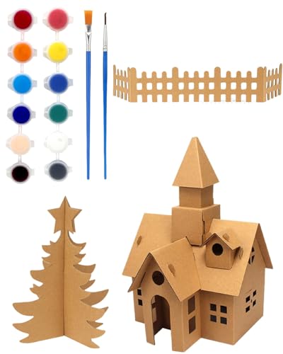 QLEUIFT casas de cartón para niños, casa de juegos de cartón para colorear, accesorios para modelos con temática navideña, tablero crujiente KT, kits de bricolaje, Viene con pinceles y pinturas
