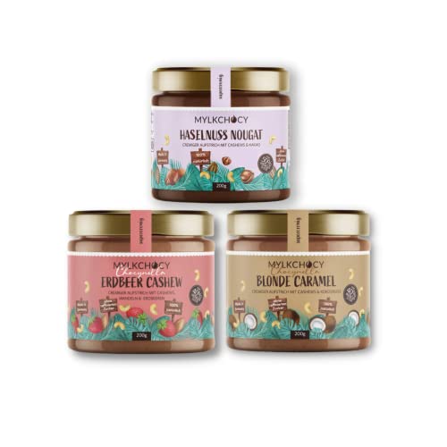 MYLKCHOCY - CHOCYnella Bio Aufstriche Nuss-Nougat-Creme, Erdbeer Cashew 3x200g | min. 50% Nussanteil | 50% weniger Süße | ohne raffinierten Zucker | vegan | glutenfrei | PALMÖLFREI Cover