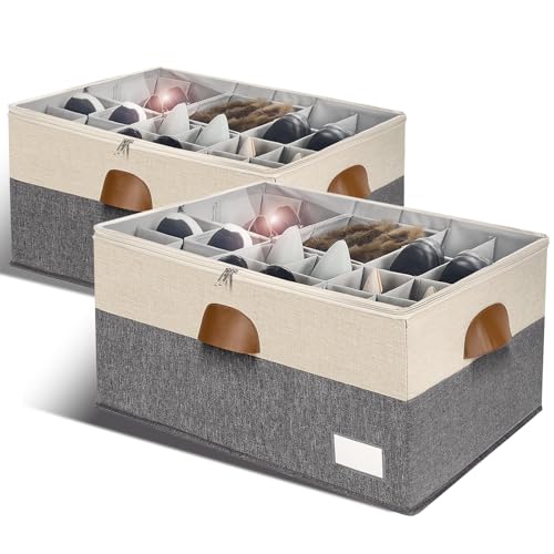 Image of 2 Pack Shoe Organizer for Closet Foldable Storage Box with Clear Cover | Fits 24-48 Pairs Boots and Heels Sneaker Sandals Stackable with Adjustable Divider Space Saving Dorm Beige and Grey