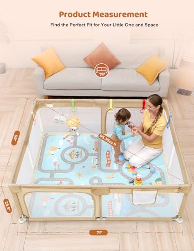Image of Dripex Baby Playpent with Mat, 71 inchx59 inch Large Play Pen for Babies, Beige | Included Waterproof Mat /Portable Bag / Pull up Rings, Breathable Visible Mesh, Easy Setup, Indoor /Outdoor Use
