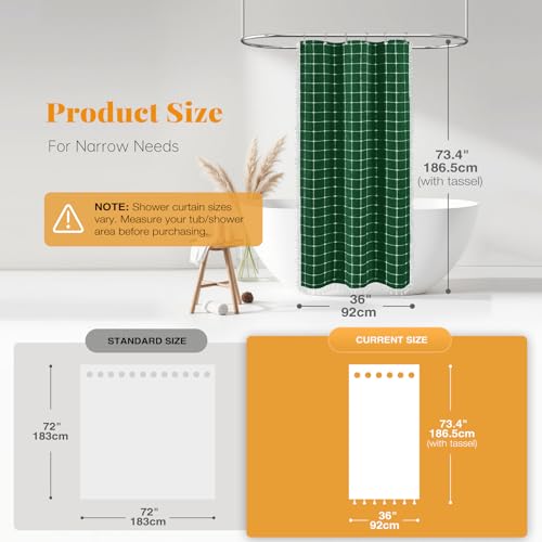 Image of BTTN Boho Shower Stall Curtain - 36x72 Narrow Linen Ultra Thick Tassel Fabric Shower Curtain Set with 6 Plastic Hooks, Half Small Modern Farmhouse Country Shower Curtains for Bathroom, Emerald Green