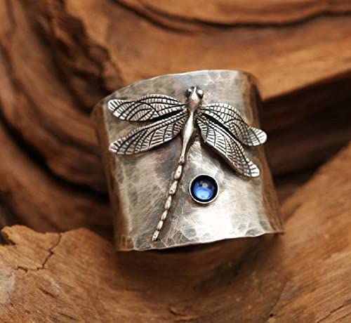 Dragonfly Bee Ring for Women,S925 Sterling Silver Fashion Blue Gem Dragonfly Wide Faceted Vintage Ring, Sparkling Dragonflies Sapphire Ring with Diamonds Fashion Jewelry Wedding Band3