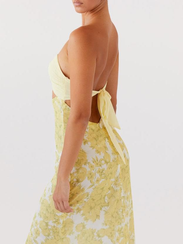 Image of Women Y2k Strapless Maxi Dress Floral Print Tube Long Dress Boho Beach Sundress Going Out Streetwear