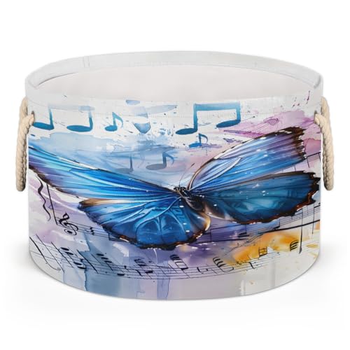 Large Round Storage Basket with Handle Animal Butterfly Musical Note Kids Toy Storage Bin Foldable Laundry Hamper Cube Clothes Blanket Organizer Box for Living Room Bedroom Laundry Room Storage Decor