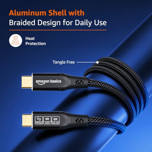 Image of amazon basics 240W Type C Cable With 40Gbps Data Transfer Speed, Thunderbolt 4, 8K@60Hz Display Cable, USB 4 Type C 90 Shaped Connector, Gold Coated, Type C Fast Charging