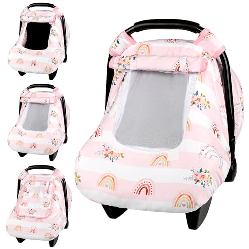 Image of Pea Pod Car Seat Cover Baby, Infant Car Seat Canopy Covers for Newborn with 2 Layers Windows of Breathable Mesh Fabric, Lightweight Polyester/Soft Minky Dot Backing (Floral & Rainbow)