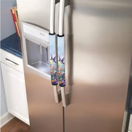 Image of Refrigerator Door Handle Covers Pack of 6 Anti-Stain Kitchen Electrical Appliances Handle Protector Fridge Microwave Oven Decor and Accessories, Hummingbird Daisy Flower Blue