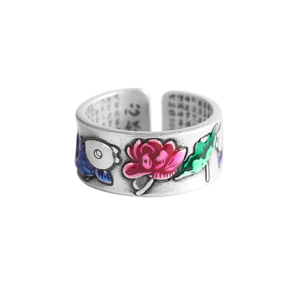 999 Sterling SIERT Silver Lotus Fish Fish Ring Style China Heart Sutra Anillo para Amantes De Yoga Amantes De Joyas De Plata