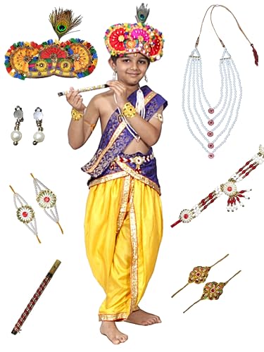 Image of Kaku Fancy Dresses Krishna Costume With Dhoti For Boy /Janmashtami /Bal Gopal Dress /Kanha Costume /Bal Krishna /Mythological Costume For Boy - Yellow-Red, 1-2 Years