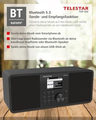 TELESTAR TOP 250 – DAB+/Internetradio (Stereo, 2 × 10 Watt, Bluetooth Audio-Streaming & Sendefunktion, USB-Aufnahme, Notfallwarnsystem, App-Steuerung) – Schwarz