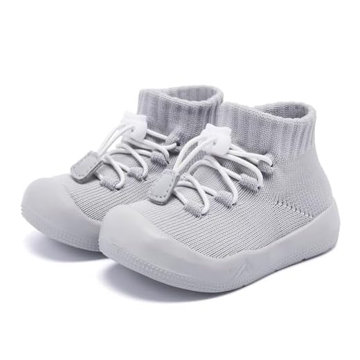 Engtoy Sapatos de meia para bebês sapatos de caminhada infantil antiderrapante respirável com sola de borracha macia tênis slip on para meninos e meninas, Renda cinza 02, 0-9 Months Infant