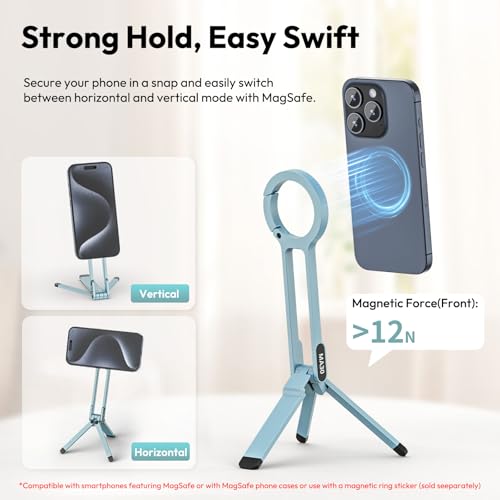 Image of ULANZI MA30 Magnetic Phone Tripod Stand for iPhone, Aluminium Maglock Smartphone Mini Tripod Pocket Cell Phone Stand Strong Magnet Compatible with iPhone 17 16 15 14 13 12 Series, Mint Green