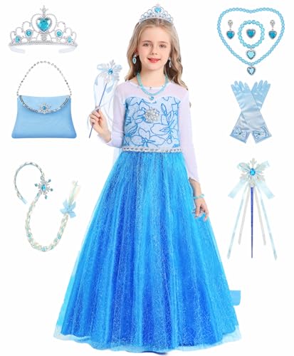 Prinzessin Kostüm Mädchen Prinzessin Kleid Set Eiskönigin Faschings Kostüme Kinder Fastnacht Geburtstag Verkleidung Eisprinzessin Cosplay Party Blau Outfits mit Zubehör Zauberstab Krone Perücke C069XS