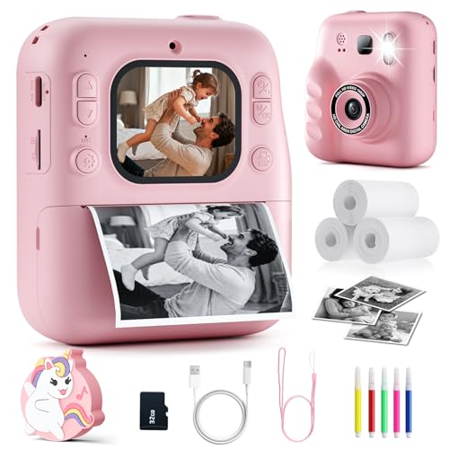 Camara Fotos Infantil Instantanea, Cámara Instantánea para Niños con Tapa de Lente de Unicornio, Papel de Impresión y Tarjeta SD de 32G, Cámaras duales, Regalo para Niños de 3 a 14 años (Rosa)