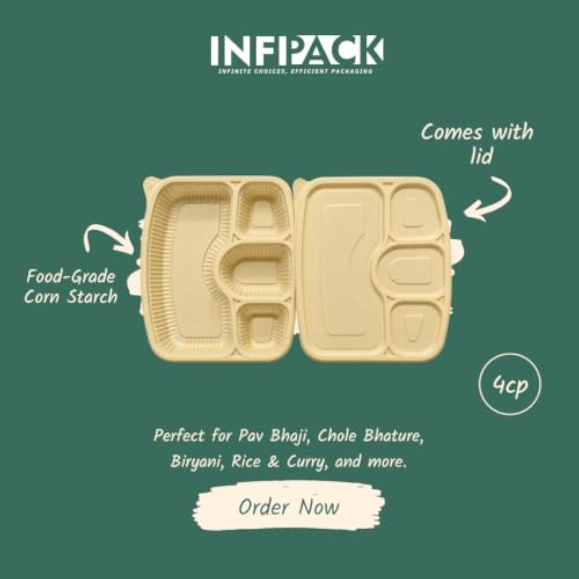 4 Compartment Cornstarch Meal Tray with Lid