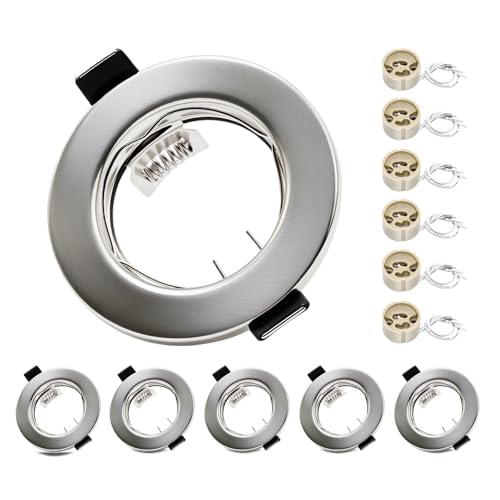 LteelDay 6er-Set GU10 Einbaustrahler mit Nickel Gebürstet Rundrahmen (Lochdurchmesser 55-70mm) Inkl. GU10-Fassung für LED/Halogen ohne Lichtquelle Ideal für moderne Einbauleuchten & Spot-Optik
