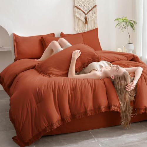 Image of Andency Oversized King Comforter Set with Sheets 128x120 Terracotta - 7 Pieces Bed in a Bag Boho Soft Lightweight Bedding Sets, Tassel Bed Set with Comforter, Sheets, Pillowcases & Shams