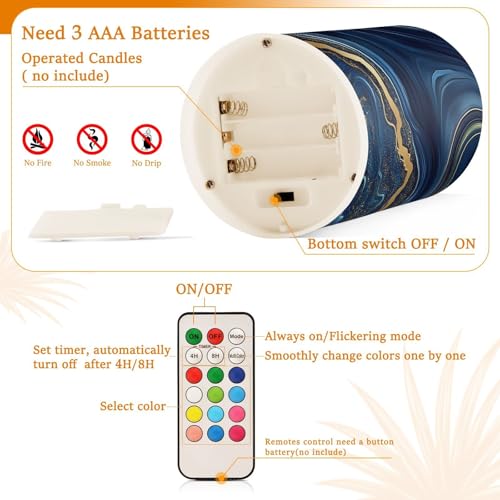 Image of Navy Golden Marble Flickering Flameless Candles LED Battery Operated with Remote Timer Pillar Candles for Home Birthday Wedding Christmas Decor, Set of 2