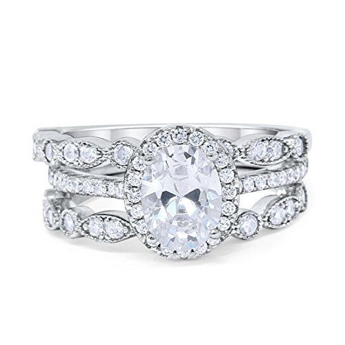 Three Piece Halo Art Deco Wedding Band Engagement Ring Simulated Oval Round Cubic Zirconia 925 Sterling SilverSize-7
