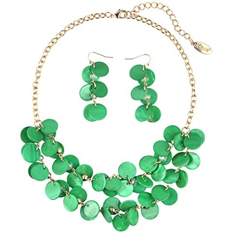 Bocar 2 Layer Statement Choker Shell Necklace and Earring Set for Women Gift(NK-10248-Bright Green Cover