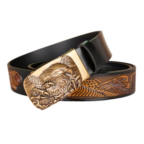 NALANY Gürtel Herren Adler Flagge Prägung Ledergürtel Ratsche Automatikschließe Mit Adler Automatische Schnalle Herrenbekleidung Business Anzug Gürtel 35mm Breit(110cm/43, Black)