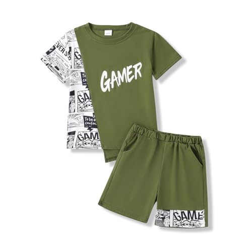 OLMRJKD 6-12Y Boys 2 Piece Outfits Short Sleeve Color Block T Shirt and Shorts Summer Clothing Sets Size 7 8