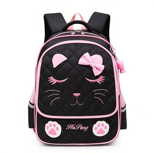 Sac à dos école primaire étanche et ergonomique A29 noir motif chat