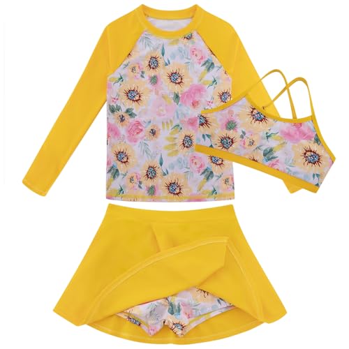 Image of Girls Swimsuit Long Sleeve Swim Shirt 3 Piece Rash Guard for Girls Bathing Suit with Boyshorts