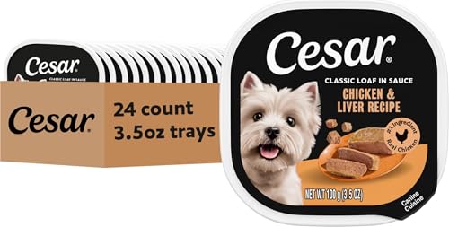 Image of Cesar Classic Loaf in Sauce Wet Dog Food, Chicken & Liver, 3.5 oz, 24 Count | Made in USA, Real chicken #1 ingredient, no fillers /added sugar /artificial flavors, use as meal or topper, easy peel trays