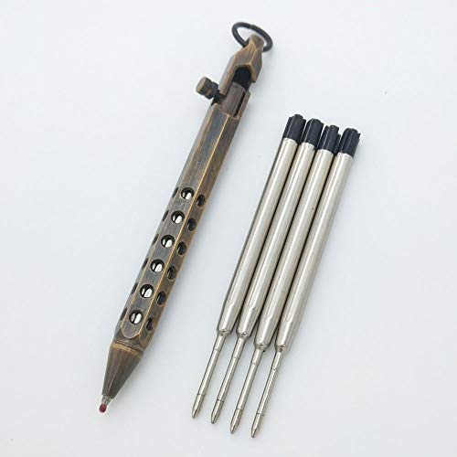 Solid Retro Brass Bolt Action Pen Hexagonal Six Edge Hollow Out Grip for Pocket EDC Ballpoint Pen with 5 Refill