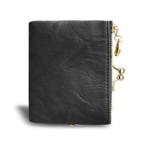 Image of AOXONEL Womens Wallet Small Rfid Ladies Compact Bifold Leather Vintage Coin Purse With Zipper and Kiss Lock, Grey, Small, Vintage