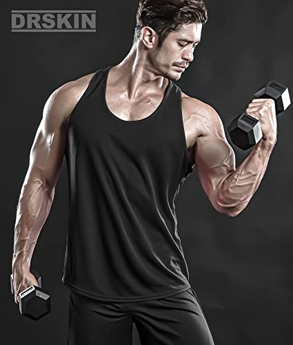 Drskin Men's 3 Pack Dry Fit Y-Back Muscle Tank Tops Mesh Sleeveless Gym Bodybuilding Training Athletic Workout Cool Shirts (Btf-Me-Ta-(B,W,G), M) #TOP4