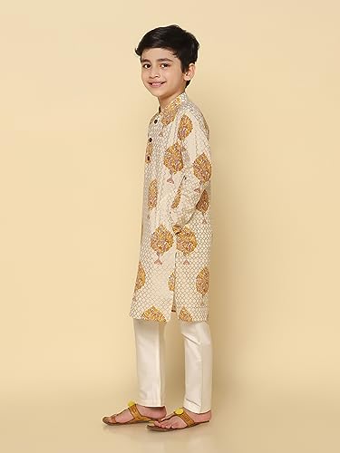 Image of KISAH Kid's Full Sleeves Cotton Blend Knee Length Printed White Kurta Pyjama Set (3-4Y)