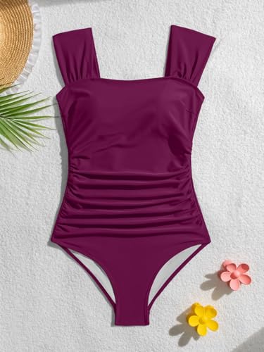 Image of B2prity Womens One Piece Swimsuit Retro Square Neck Tummy Control Bathing Suits Ruched Modest Full Coverage Swimwear