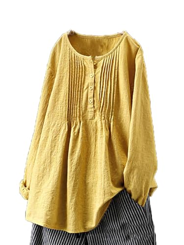Akivide Women's Plus Size Baggy Linen Shirt Loose Long Sleeve Button Neck Blouses Tunic Tops Beach Clothes