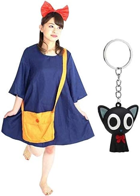 Amazon 魔女っ子ワンピ キッズ 魔女の宅急便 キキハロウィン 衣装 子供 キッズ 仮装 大人 女の子 可愛い 魔女の宅配屋さん コスプレ コスチューム キキ風 グッズ リボン 親子 フリーサイズ 大人 子供 ワンピース バッグ カチューシャ キーホルダーの４点セット