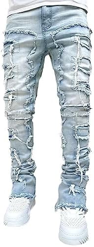 MAEHARRT Stacked Jeans Men Ripped Jeans Slim Fit Skinny Patchwork Denim Pants Y2K Goth Harajuku Hip Hop Jeans Trousers
