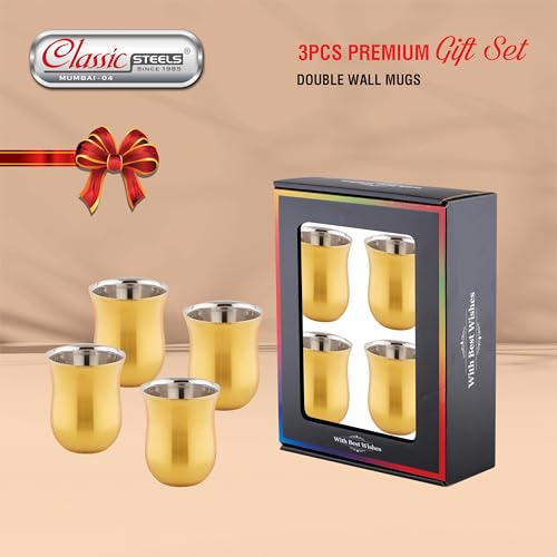 Image of Classic Steels |Delight Gold PVD Double Wall Stainless Steel Mug (Set of 4) 120 ml | Tea & Coffee Cups |Insulated Premium Gift Set for Home Office Wedding & Corporate Gifting