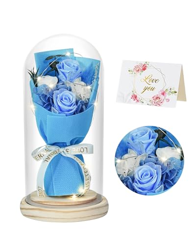 HVY Flowers Gifts for Her Mom Women Preserved Forever Fresh Flowers Bouquet with Blue and White Roses in Glass Dome Suitable for All Occasions Valentines Mothers Day Anniversary Thanksgiving Birthday