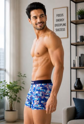 Image of BONO Men Cotton Blend Printed Trunk Combo Anti-Bacterial Moisture Wicking No Marks Stretchable Regular Fit Waistband Underwear Pack of 3 (Darkblue-Multicolor-TurquiseBlue-M)