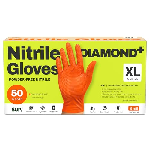 SUPER+ HEAVY DUTY Nitrile Gloves 8 Mil Diamond Texture Disposable Chemical Resistant Powder &Latex Free Food Safe Orange 50Ct (X-Large)