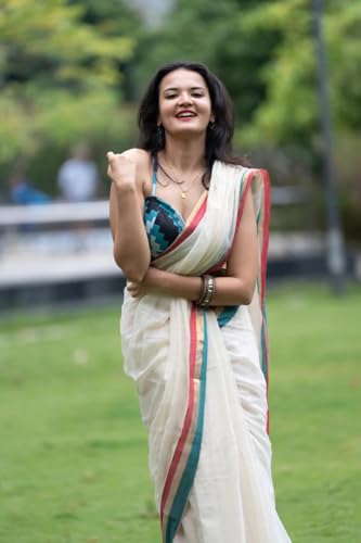 Image of Sudip callection Handloom Mul Cotton Saree for Women - Bottle Green with Pink Border Golden Zari Line & Tassel Pallu