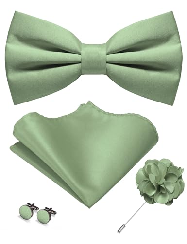 JEMYGINS Noeud papillon uni pour homme avec mouchoir boutons de manchette et fleur, Gris-Vert, M