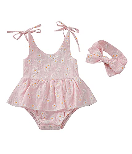 Image of Baby Girls Daisy Playsuits Bodysuit+Headband Print Halter Romper Floral Jumpsuit Infant Onesie Summer Clothes