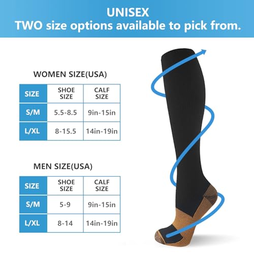 Image of Copper Compression Socks for Men & Women- 6 Pairs Copper Fit Socks - Suit for Running, Athletic, Nurses, Pregnancy, Flight, and Traveling (A- Black, L /XL)