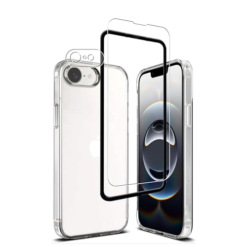 対応 iPhone 16e 用の ガラスフィルム+ ケース+カメラフィルム+ガイド枠付き iPhone 16e 2025 カバー柔軟 TPU 全透明 軽量 衝撃吸収 傷つけ防止 携帯便利 滑り止め 散熱加工 黄変しにくい 【旭硝子素材製】 硬度9H 高透過