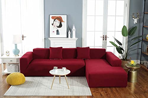 Chunxinmake Thick Couch Covers For 1 2 3 4 Seater, Sectional Sofa L Shape Stretch Slipcover Living Room Dogs Pets, Washable Durable Furniture Protector (Red, L-Shape:3 Seater+3 Seater) (Chunxinmakie) #TOP1