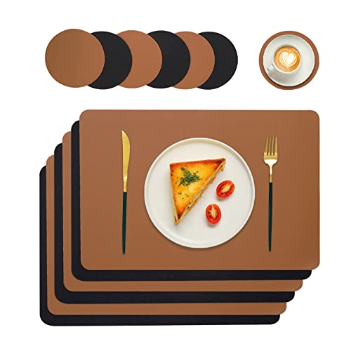 Tischset 6er Set Platzsets Abwaschbar Leder Platzdeckchen Doppelseitigen Abwischbar Tischsets rutschfest Kunstleder Wasserdicht Lederoptik Hitzebeständig Küche Tischauflage Tischset [Braun + Schwarz] Cover