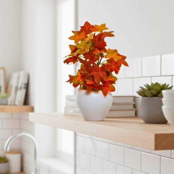 Image of fancymart Artificial Plant Leaves in Apple Pot (30 cm Height) | Small Potted Plant for Office Desk | Home Decor for Living Room | Cafe & Restaurant Table Decoration
