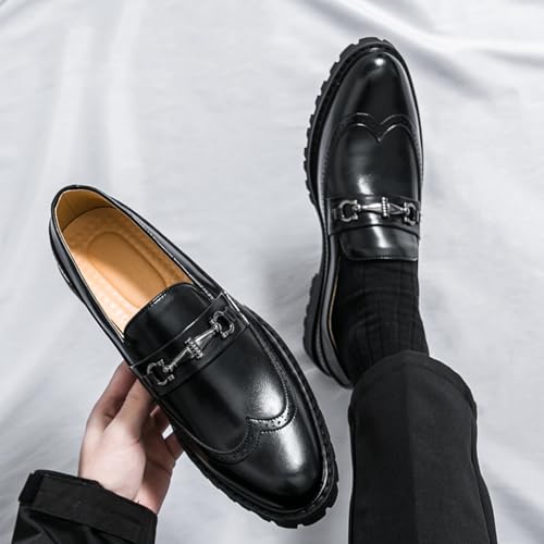 Men's Leather Brogue Slip-On Platform Loafer Shoes with Buckle Decor Fashion Pointed Toe Low Top Non-Slip Lug Sole Dress Shoes for Daily Casual Business Work Office4